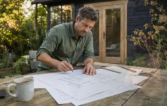 Person prüft Bauzeichnungen an einem Gartentisch vor einem kleinen Gartenhaus; Thema Carports, Schwerpunkt Fundament; Praxisalltag.