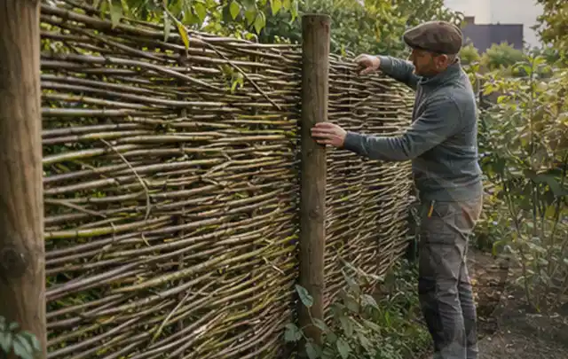 Person befestigt geflochtene Weidenruten an stabilen Holzpfosten im Garten; Thema Carports, Schwerpunkt Gärten mit kleiner Fläche; Ausgangslage.