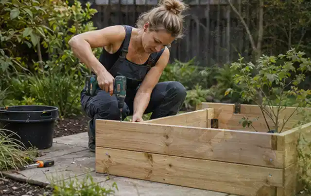 Person montiert ein massives Hochbeet aus unbehandeltem Holz im Garten; Thema Carports, Schwerpunkt Gärten mit kleiner Fläche; Umsetzung.