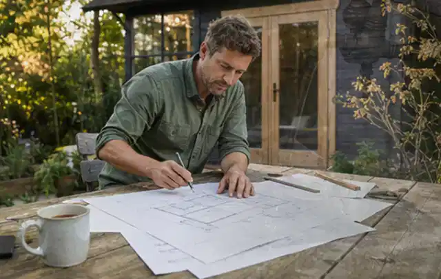 Person prüft Bauzeichnungen an einem Gartentisch vor einem kleinen Gartenhaus; Thema Carports, Schwerpunkt Gärten mit kleiner Fläche; Kontrolle.