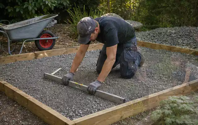 Person richtet eine verdichtete Kiesfläche mit Wasserwaage und Abziehlatte aus; Thema Carports, Schwerpunkt Gärten mit kleiner Fläche; Praxisalltag.