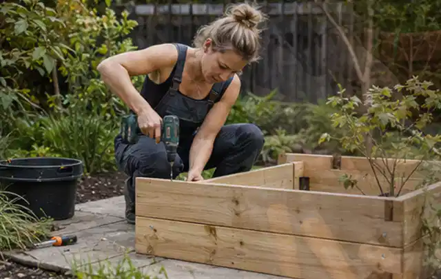 Person montiert ein massives Hochbeet aus unbehandeltem Holz im Garten; Thema Carports, Schwerpunkt Gartenhäuser; Umsetzung.