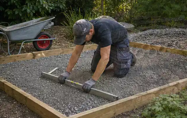 Person richtet eine verdichtete Kiesfläche mit Wasserwaage und Abziehlatte aus; Thema Carports, Schwerpunkt Gartenhäuser; Kontrolle.