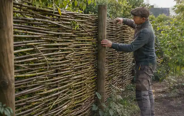 Person befestigt geflochtene Weidenruten an stabilen Holzpfosten im Garten; Thema Carports, Schwerpunkt Gartenhäuser; Ergebnis.