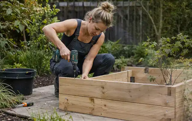 Person montiert ein massives Hochbeet aus unbehandeltem Holz im Garten; Thema Carports, Schwerpunkt Gartenhäuser Bauen; Umsetzung.