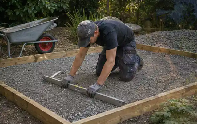 Person richtet eine verdichtete Kiesfläche mit Wasserwaage und Abziehlatte aus; Thema Carports, Schwerpunkt Gartenhäuser Bauen; Kontrolle.