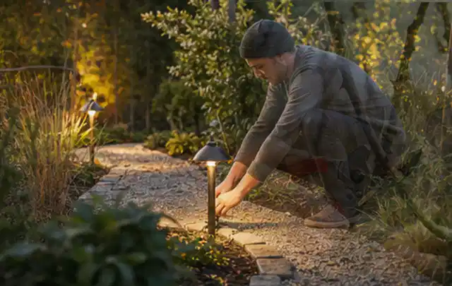 Person richtet eine niedrige warm leuchtende Gartenlampe am Kiesweg aus; Thema Carports, Schwerpunkt Gartenhäuser Bauen; Ergebnis.