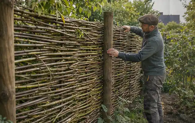 Person befestigt geflochtene Weidenruten an stabilen Holzpfosten im Garten; Thema Carports, Schwerpunkt Gestaltung; Ausgangslage.