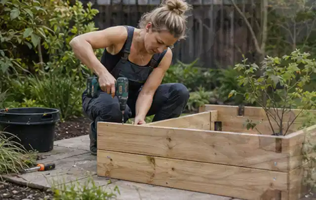 Person montiert ein massives Hochbeet aus unbehandeltem Holz im Garten; Thema Carports, Schwerpunkt Gestaltung; Umsetzung.
