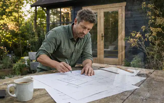 Person prüft Bauzeichnungen an einem Gartentisch vor einem kleinen Gartenhaus; Thema Carports, Schwerpunkt Gestaltung; Ergebnis.