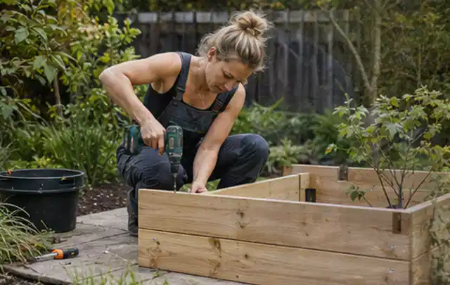 Person montiert ein massives Hochbeet aus unbehandeltem Holz im Garten; Thema Carports, Schwerpunkt Kosten; Ausgangslage.