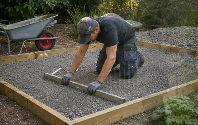 Person richtet eine verdichtete Kiesfläche mit Wasserwaage und Abziehlatte aus; Thema Carports, Schwerpunkt Kosten; Kontrolle.