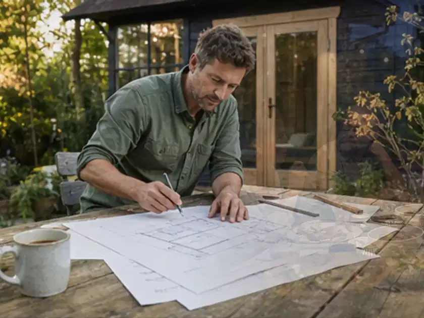 Person prüft Bauzeichnungen an einem Gartentisch vor einem kleinen Gartenhaus; Thema Carports, Schwerpunkt Materialwahl; Titelbild.