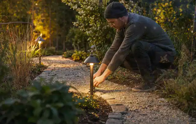 Person richtet eine niedrige warm leuchtende Gartenlampe am Kiesweg aus; Thema Carports, Schwerpunkt Materialwahl; Ausgangslage.