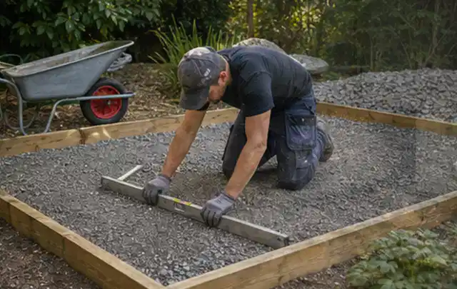 Person richtet eine verdichtete Kiesfläche mit Wasserwaage und Abziehlatte aus; Thema Carports, Schwerpunkt Materialwahl; Umsetzung.