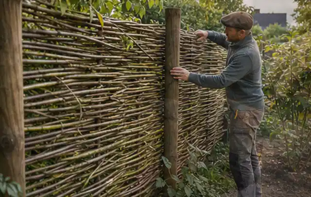 Person befestigt geflochtene Weidenruten an stabilen Holzpfosten im Garten; Thema Carports, Schwerpunkt Materialwahl; Kontrolle.