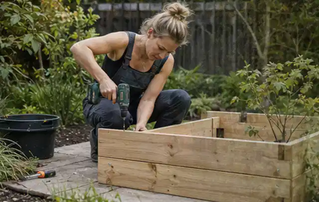 Person montiert ein massives Hochbeet aus unbehandeltem Holz im Garten; Thema Carports, Schwerpunkt Materialwahl; Praxisalltag.