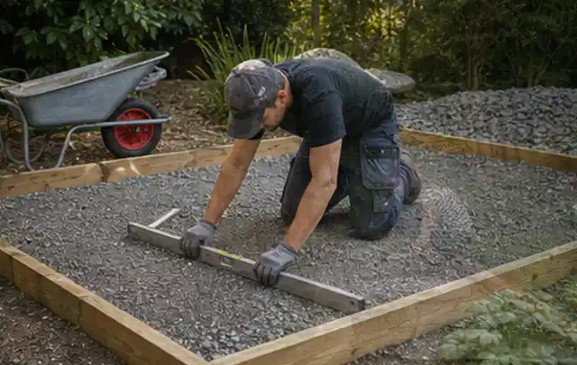 Person richtet eine verdichtete Kiesfläche mit Wasserwaage und Abziehlatte aus; Thema Carports, Schwerpunkt Nachhaltigkeit; Ausgangslage.