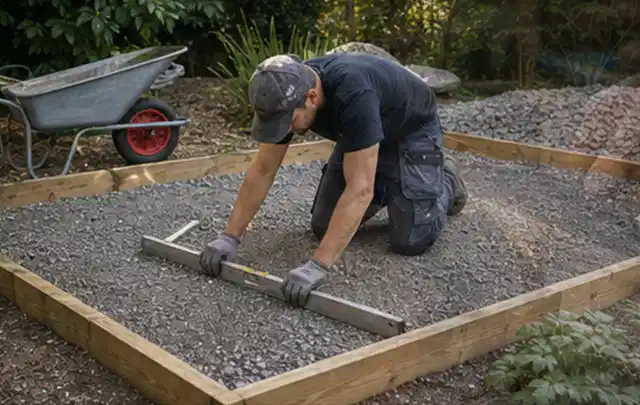Person richtet eine verdichtete Kiesfläche mit Wasserwaage und Abziehlatte aus; Thema Carports, Schwerpunkt Pflege; Ausgangslage.