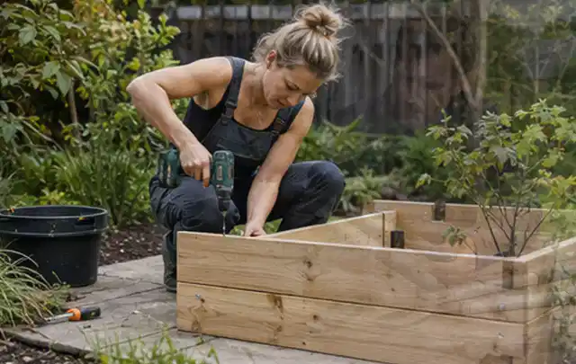 Person montiert ein massives Hochbeet aus unbehandeltem Holz im Garten; Thema Carports, Schwerpunkt Pflege; Umsetzung.
