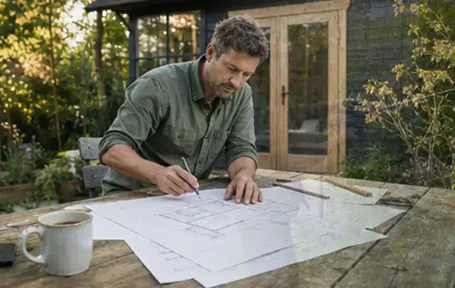 Person prüft Bauzeichnungen an einem Gartentisch vor einem kleinen Gartenhaus; Thema Carports, Schwerpunkt Pflege; Kontrolle.