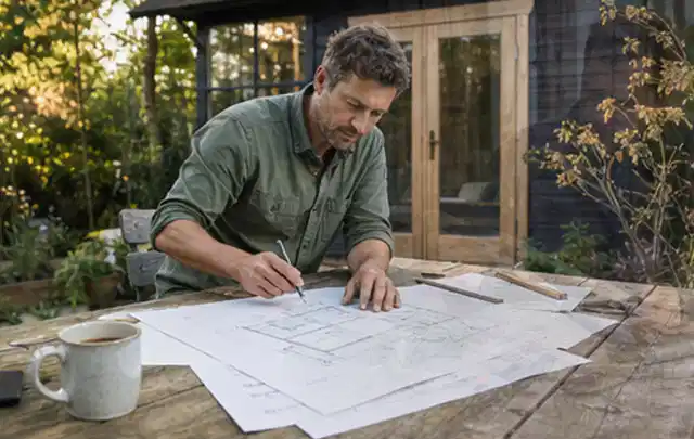 Person prüft Bauzeichnungen an einem Gartentisch vor einem kleinen Gartenhaus; Thema Carports, Schwerpunkt Standort; Kontrolle.