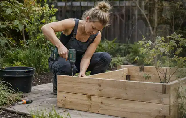 Person montiert ein massives Hochbeet aus unbehandeltem Holz im Garten; Thema Carports, Schwerpunkt Standort; Ergebnis.