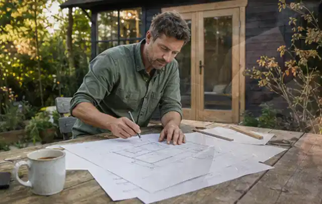 Person prüft Bauzeichnungen an einem Gartentisch vor einem kleinen Gartenhaus; Thema Carports, Schwerpunkt Winterschutz; Ausgangslage.
