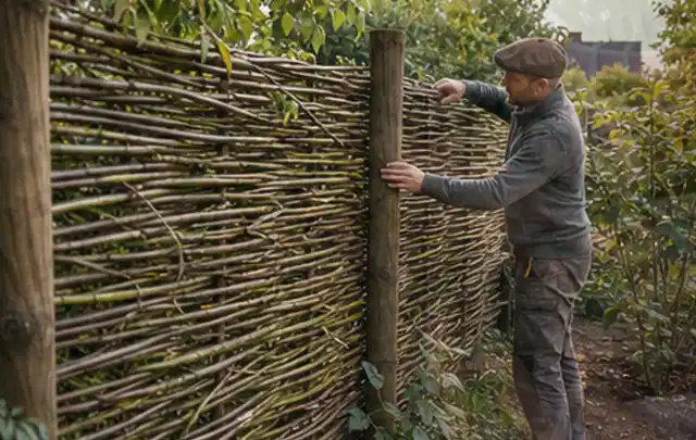 Person befestigt geflochtene Weidenruten an stabilen Holzpfosten im Garten; Thema Carports, Schwerpunkt Winterschutz; Kontrolle.