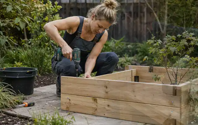 Person montiert ein massives Hochbeet aus unbehandeltem Holz im Garten; Thema Carports, Schwerpunkt Winterschutz; Ergebnis.