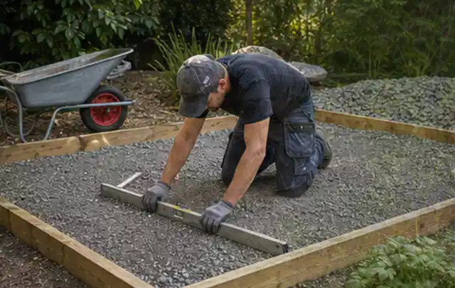 Person richtet eine verdichtete Kiesfläche mit Wasserwaage und Abziehlatte aus; Thema Carports, Schwerpunkt Winterschutz; Praxisalltag.