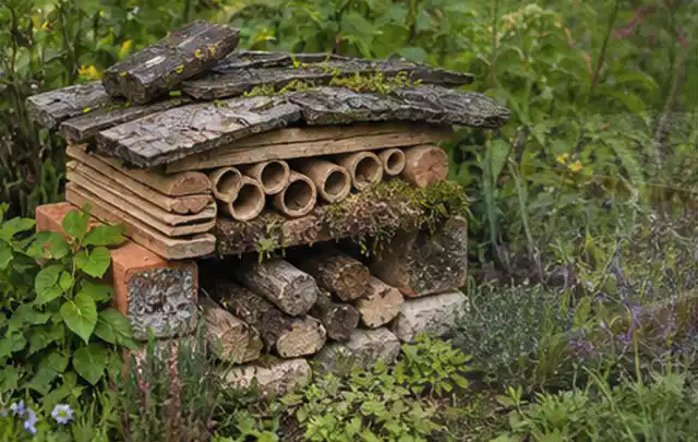Naturnaher Unterschlupf aus Holz Rinde und Pflanzenstängeln im Garten; Thema Cookie Einstellungen, Schwerpunkt Privatsphäre Einstellungen; Ausgangslage.