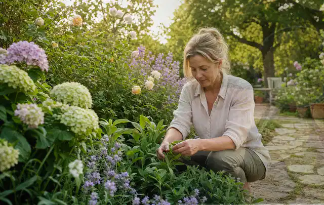 Person pflegt üppige Pflanzen in einem natürlich beleuchteten Garten; Thema Dahlien, Schwerpunkt Bewässerung; Praxisalltag.