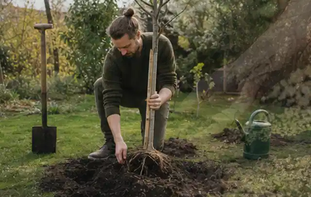 Person setzt einen jungen Zierbaum in ein vorbereitetes Pflanzloch im Garten; Thema Dahlien, Schwerpunkt Blumen; Umsetzung.