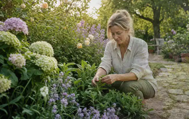 Person pflegt üppige Pflanzen in einem natürlich beleuchteten Garten; Thema Dahlien, Schwerpunkt Blumen; Kontrolle.