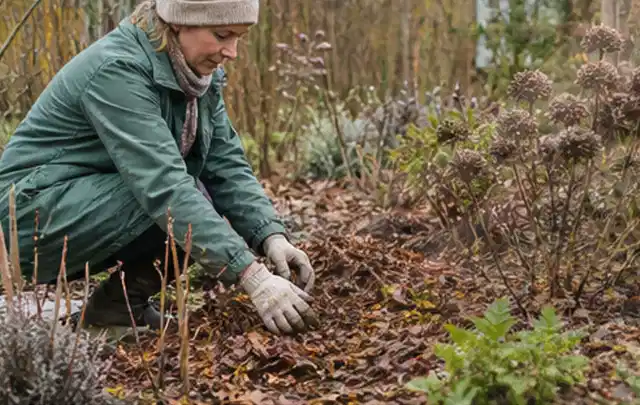 Person verteilt eine schützende Mulchschicht zwischen winterlichen Stauden; Thema Dahlien, Schwerpunkt Boden; Praxisalltag.