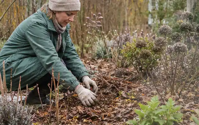 Person verteilt eine schützende Mulchschicht zwischen winterlichen Stauden; Thema Dahlien, Schwerpunkt Einsteigerwissen; Ergebnis.
