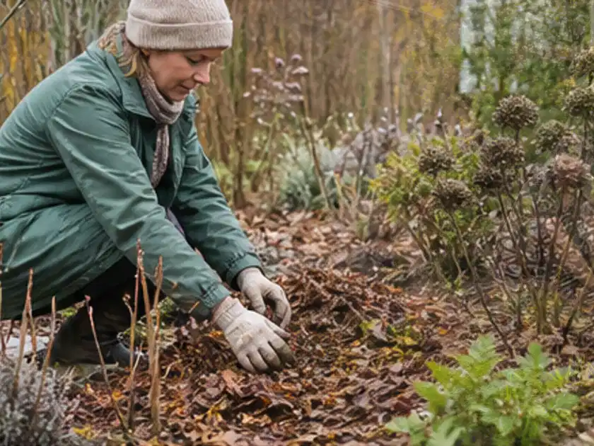 Person verteilt eine schützende Mulchschicht zwischen winterlichen Stauden; Thema Dahlien, Schwerpunkt Fehlerhilfe; Titelbild.