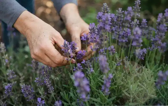 Hände pflegen blühenden Lavendel in einem natürlich angelegten Gartenbeet; Thema Dahlien, Schwerpunkt Fehlerhilfe; Kontrolle.