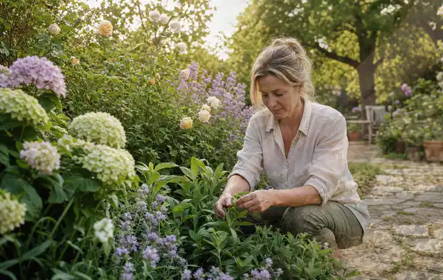 Person pflegt üppige Pflanzen in einem natürlich beleuchteten Garten; Thema Dahlien, Schwerpunkt Gartenpraxis; Ausgangslage.