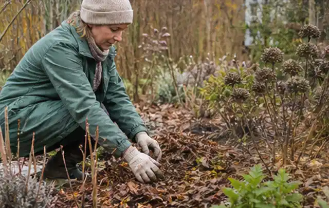Person verteilt eine schützende Mulchschicht zwischen winterlichen Stauden; Thema Dahlien, Schwerpunkt Gartenpraxis; Kontrolle.