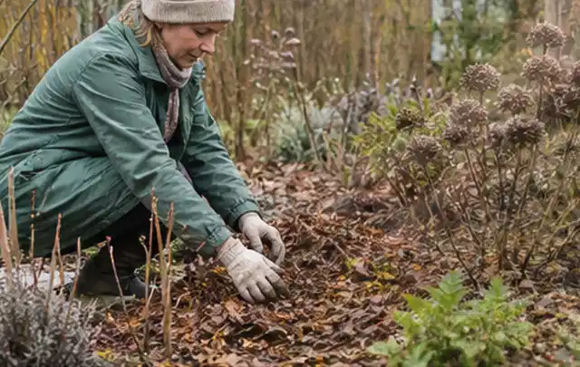 Person verteilt eine schützende Mulchschicht zwischen winterlichen Stauden; Thema Dahlien, Schwerpunkt Jahrespflege; Kontrolle.