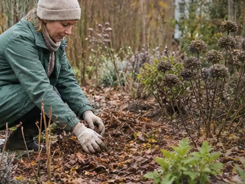 Person verteilt eine schützende Mulchschicht zwischen winterlichen Stauden; Thema Dahlien, Schwerpunkt Kaufberatung; Titelbild.