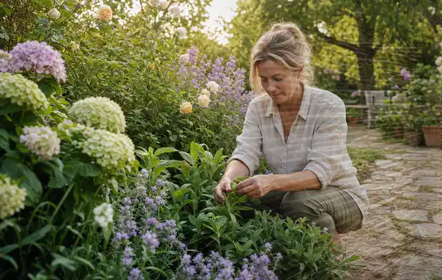 Person pflegt üppige Pflanzen in einem natürlich beleuchteten Garten; Thema Dahlien, Schwerpunkt Kaufberatung; Umsetzung.