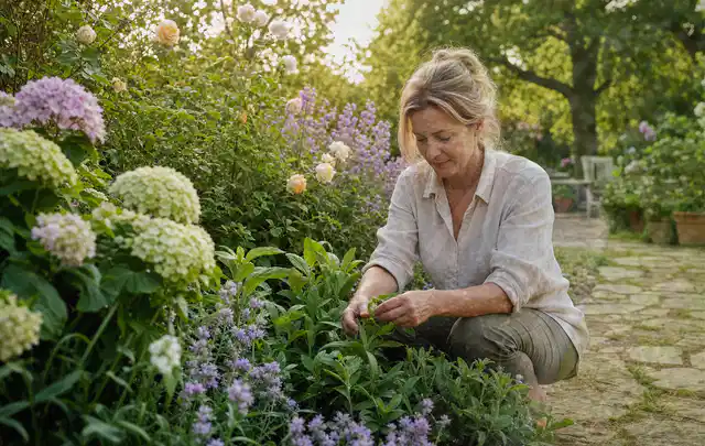 Person pflegt üppige Pflanzen in einem natürlich beleuchteten Garten; Thema Dahlien, Schwerpunkt Pflanzengesundheit; Kontrolle.