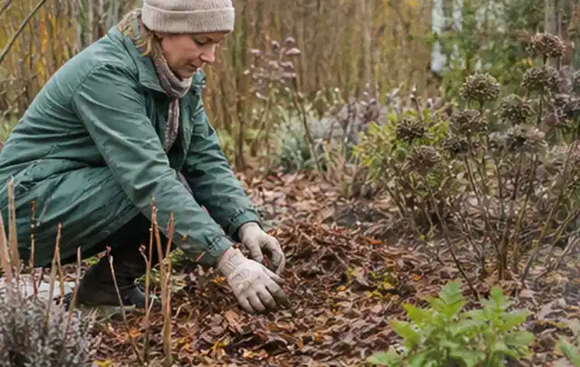 Person verteilt eine schützende Mulchschicht zwischen winterlichen Stauden; Thema Dahlien, Schwerpunkt Pflanzenschutz; Ergebnis.