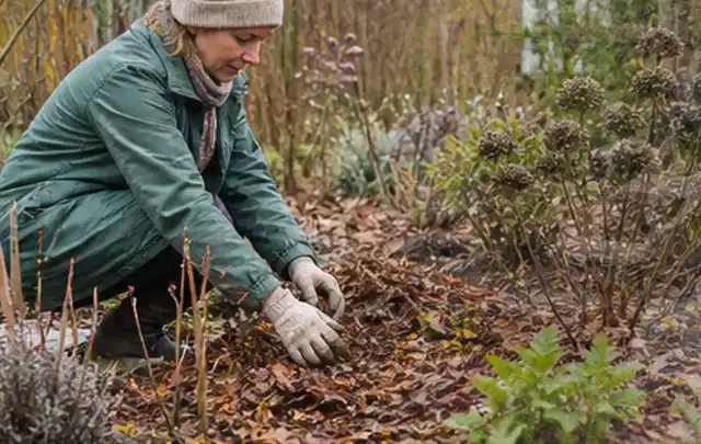 Person verteilt eine schützende Mulchschicht zwischen winterlichen Stauden; Thema Dahlien, Schwerpunkt Pflanzpartner; Kontrolle.