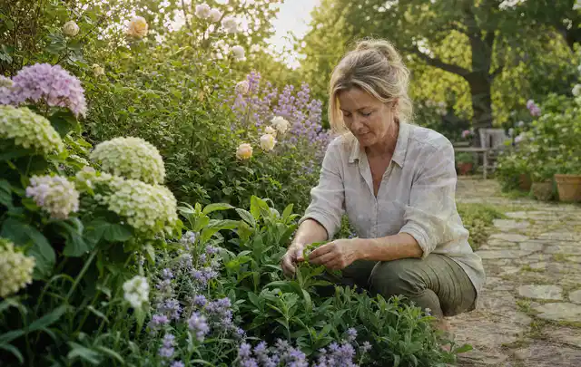 Person pflegt üppige Pflanzen in einem natürlich beleuchteten Garten; Thema Dahlien, Schwerpunkt Problemlösung; Ausgangslage.