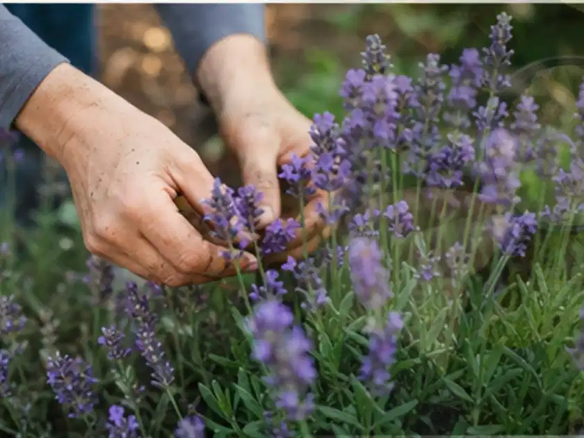 Hände pflegen blühenden Lavendel in einem natürlich angelegten Gartenbeet; Thema Dahlien, Schwerpunkt Rückschnitt; Titelbild.
