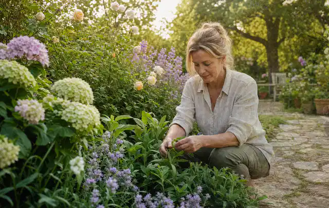 Person pflegt üppige Pflanzen in einem natürlich beleuchteten Garten; Thema Dahlien, Schwerpunkt Rückschnitt; Kontrolle.